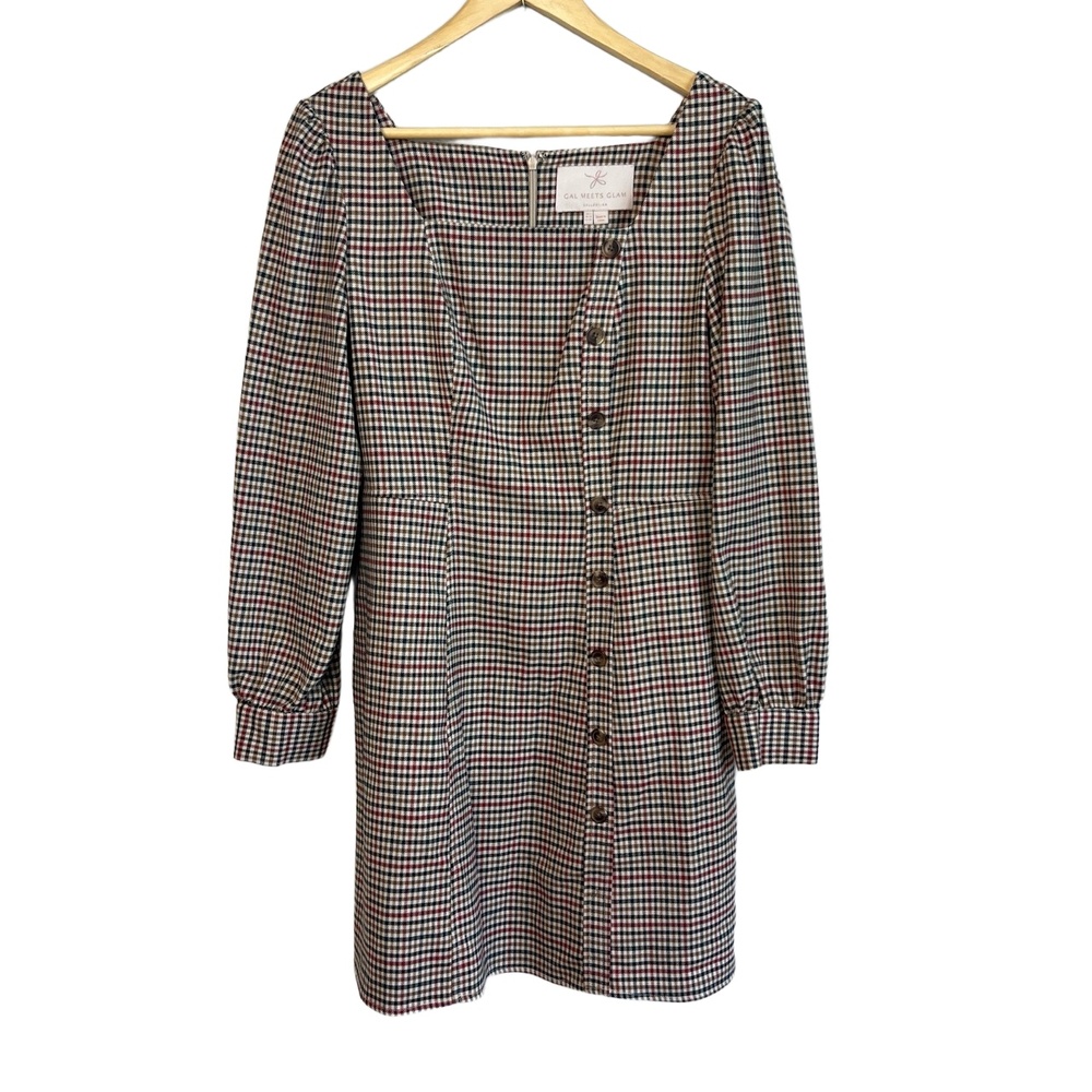 Gal Meets Glam Size 6‎ Brooke Dress Plaid A-line Square Long Sleeves Pockets